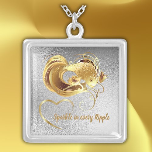 Gold goldfish on silver foil monogram  silver plated necklace