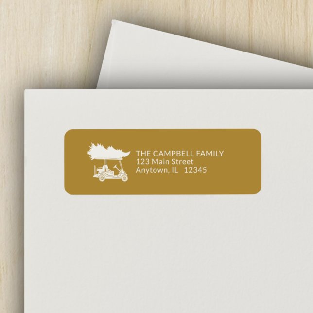 Gold Golf Cart with Christmas Tree Return Address Label (Creator Uploaded)