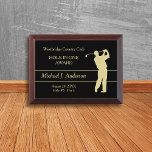 Gold Golfer Hole in One Award Plaque<br><div class="desc">A gold silhouette golfer takes a swing on this "Hole in One" award plaque. Your custom text is in matching gold at the left side. Everything is placed on a dramatic black background.</div>