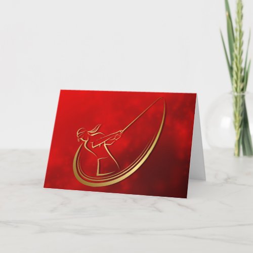 Gold Golfer on a Red Sparkle Holiday Card