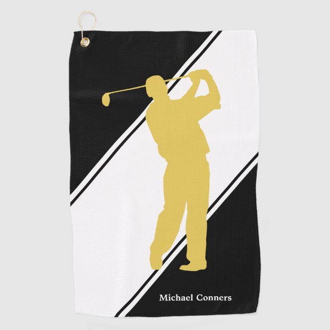 Gold Golfer on Black White Golf Towel (Front)