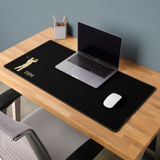 Gold Golfer Silhouette Monogram on Black Desk Mat (Office 2)