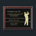 Gold Golfer Tournament Champion Award Plaque<br><div class="desc">A gold silhouette golfer takes a swing on this tournament champion award plaque. Your custom text is in matching gold at the left side. Everything is placed on a dramatic black background. Easy to customize to your needs.</div>