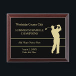 Gold Golfer Tournament Champion Award Plaque<br><div class="desc">A gold silhouette golfer takes a swing on this tournament champion award plaque. Your custom text is in matching gold at the left side. Everything is placed on a dramatic black background. Easy to customize to your needs.</div>