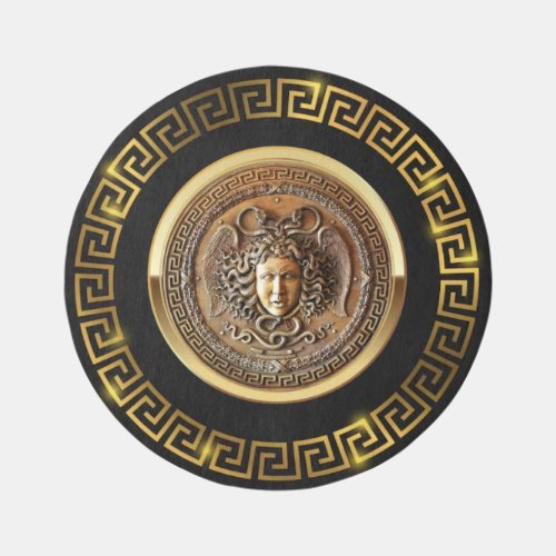 Gold Gorgon Medusa Medallion with Greek Key Round Rug
