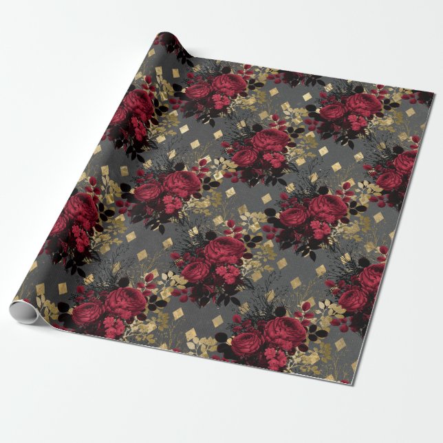 Gold Gothic Grunge Christmas Floral Pattern Wrapping Paper (Unrolled)