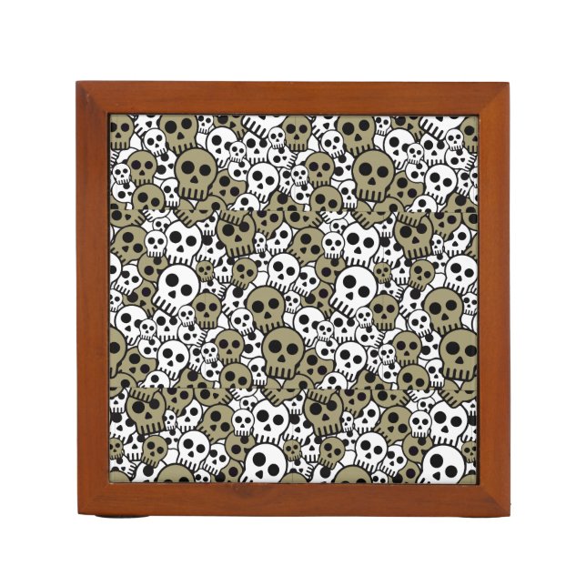 Gold Gothic Skull Pattern Print Desk Organizer (Front)