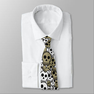 Gold Gothic Skull Pattern Print Neck Tie