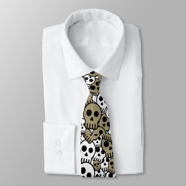 Gold Gothic Skull Pattern Print Neck Tie (Tied)