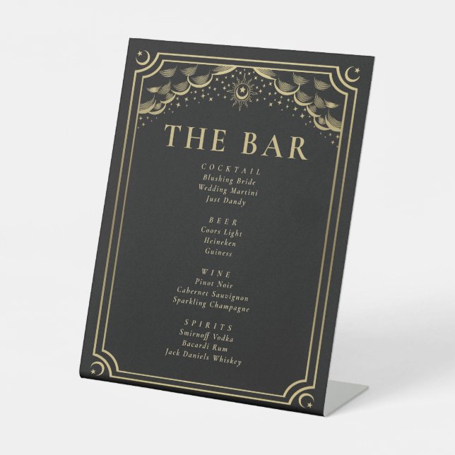 Gold Gothic Tarot Card Wedding Bar Menu Pedestal Sign (Front)