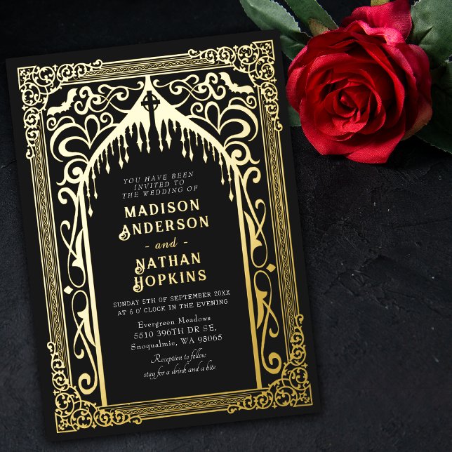 Gold Gothic Vampire Cathedral Wedding Foil Invitation (Creator Uploaded)