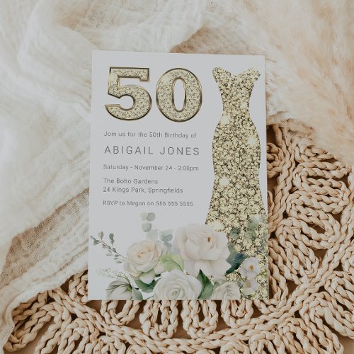 Gold Gown White Flowers Elegant 50th Birthday Invitation