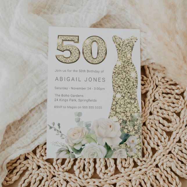 Gold Gown White Flowers Elegant 50th Birthday Invitation (Creator Uploaded)
