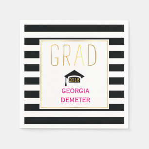 Gold grad black, white stripes hot pink graduation paper napkins