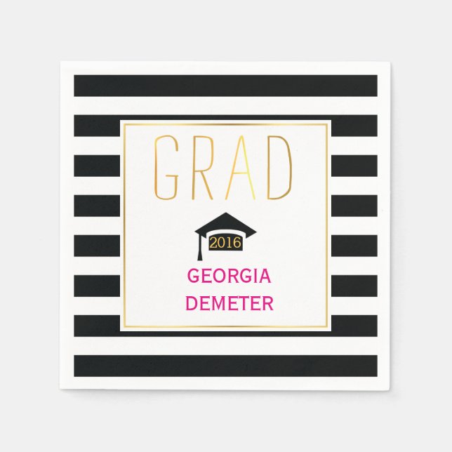 Gold grad black, white stripes hot pink graduation paper napkins (Front)