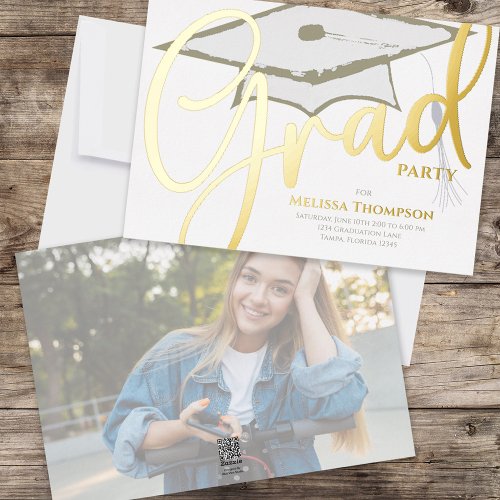 Gold Grad Calligraphy Script Modern Graduation Cap Foil Invitation