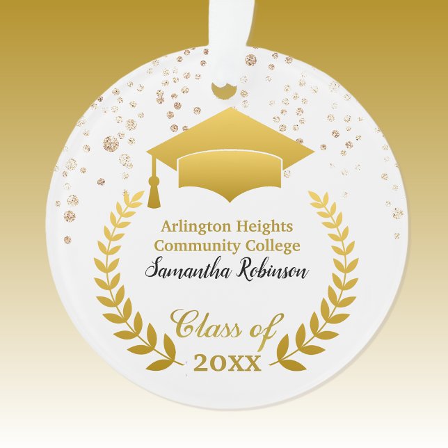 Gold Grad Cap and Laurel on White Grad Ornament (Creator Uploaded)