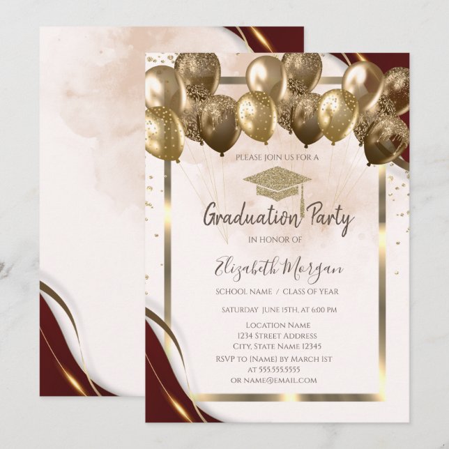 Gold Grad Cap Balloons Burgundy Border Graduation Invitation (Front/Back)