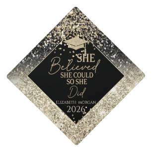Gold Grad Cap,Black Confetti Glitter She Believed Graduation Cap Topper