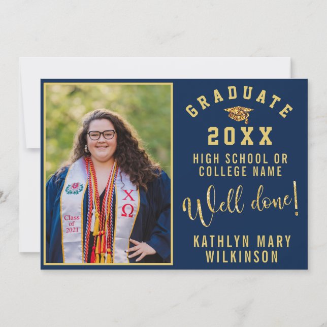 Gold Grad Cap Bold Script 4 Photo Graduation Invitation (Front)