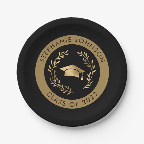 Gold Grad Cap Class of 2023 Black Party Paper Plates