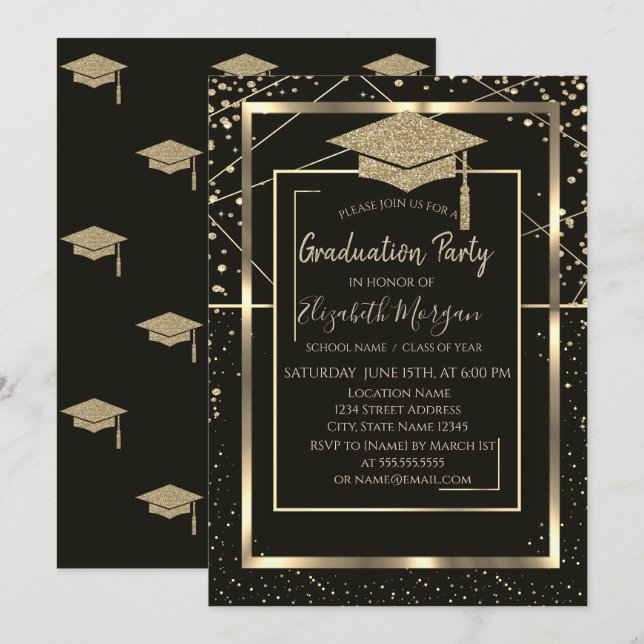  Gold Grad Cap Diamonds Geometric Graduation Invitation (Front/Back)
