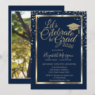 Gold Grad Cap Diamonds Navy Blue Photo Graduation Invitation