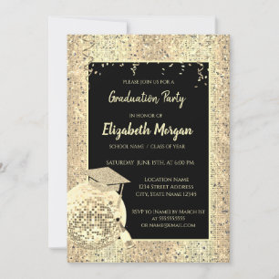 Gold Grad Cap,Disco Ball,Wine Violet Sequins Invitation