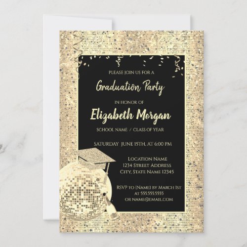 Gold Grad CapDisco BallWine Violet Sequins Invitation