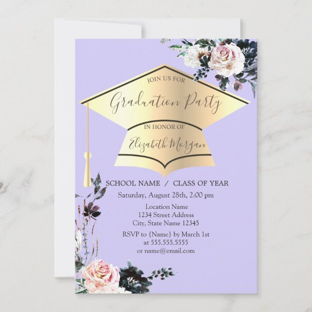 Gold Grad Cap,Flowers Light Purple Graduation  Invitation (Front)