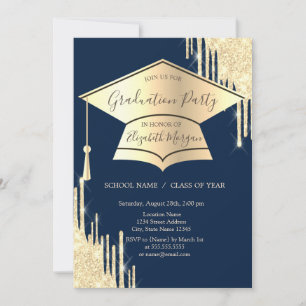 Gold Grad Cap,Glitter Drips Navy Blue Graduation Invitation