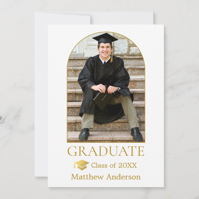 Gold Grad Cap Modern Arch Photo Graduation Announcement (Front)