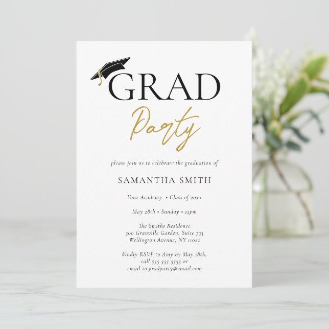 Gold Grad Cap Modern Calligraphy Graduation Party Invitation (Standing Front)