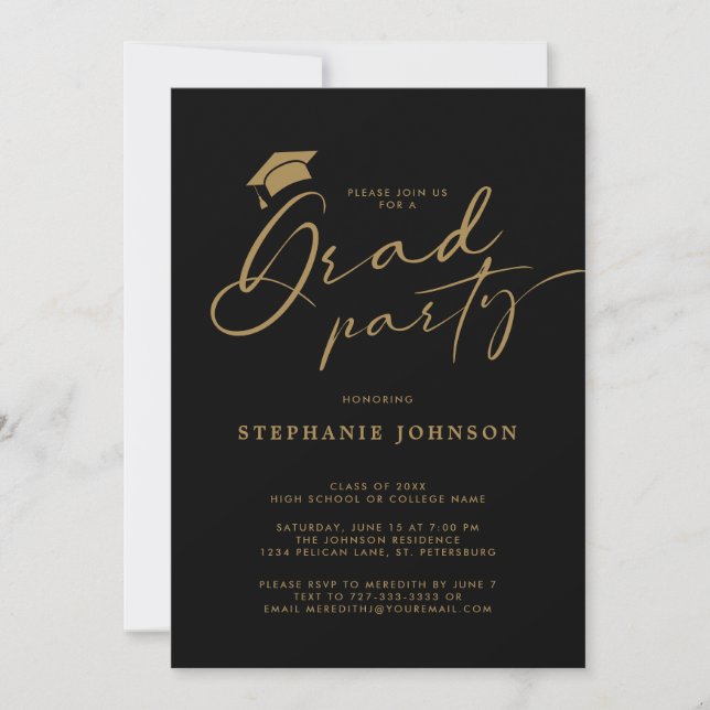 Gold Grad Cap Modern Calligraphy Graduation Party Invitation (Front)