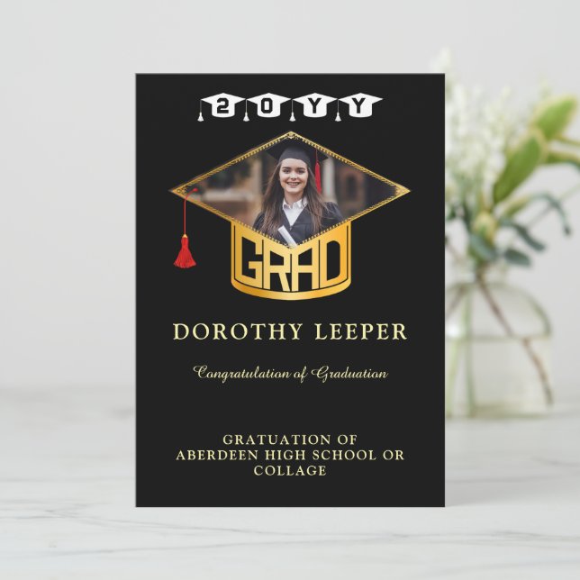Gold Grad Cap & Photo Graduation Invitation (Standing Front)