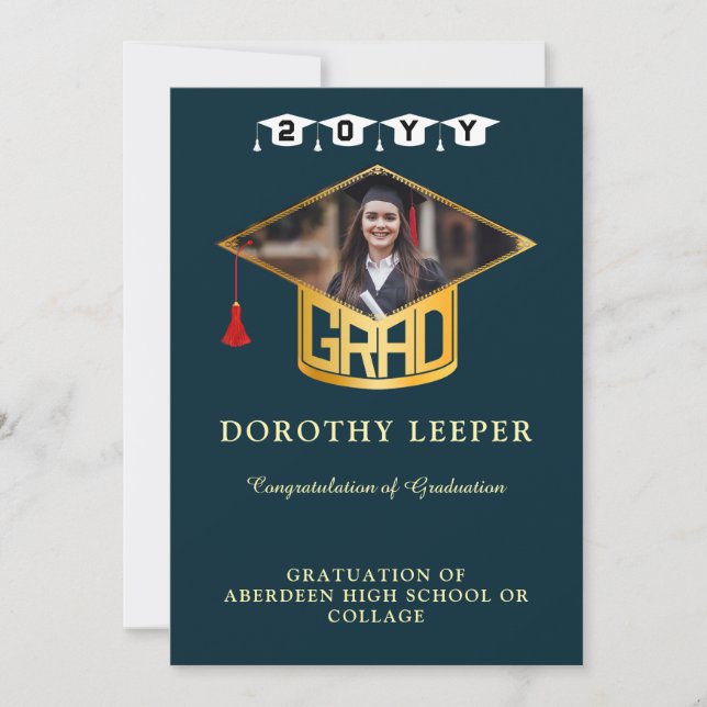 Gold Grad Cap & Photo Graduation Invitation (Front)