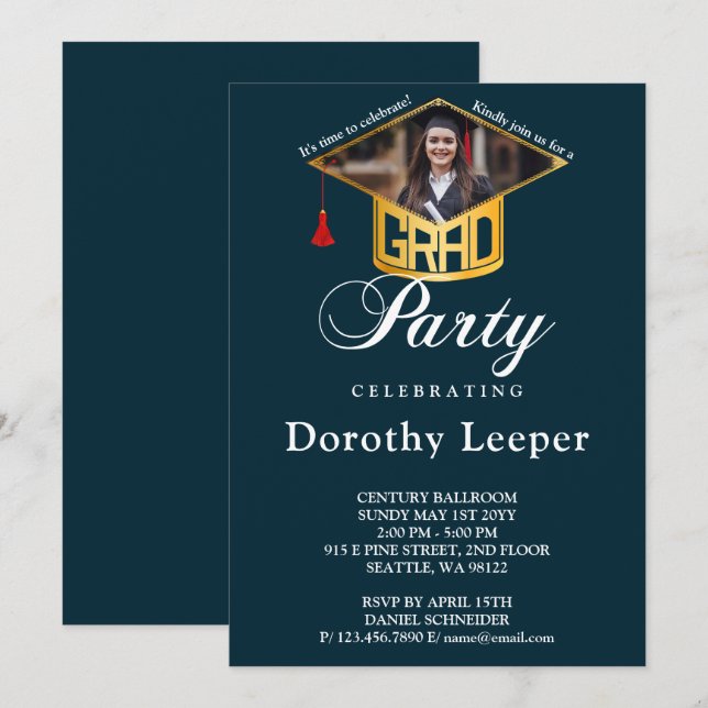 Gold Grad Cap & Photo Graduation Party Invitation (Front/Back)