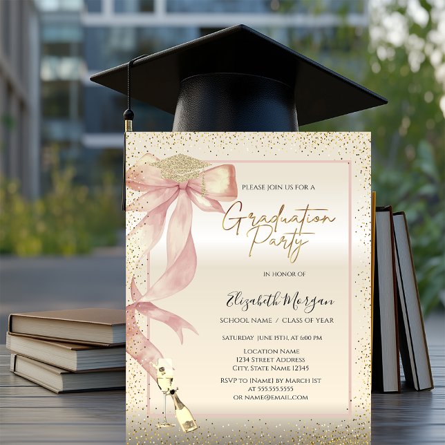 Gold Grad Cap,Pink Bow Glass Photo Invitation (Creator Uploaded)