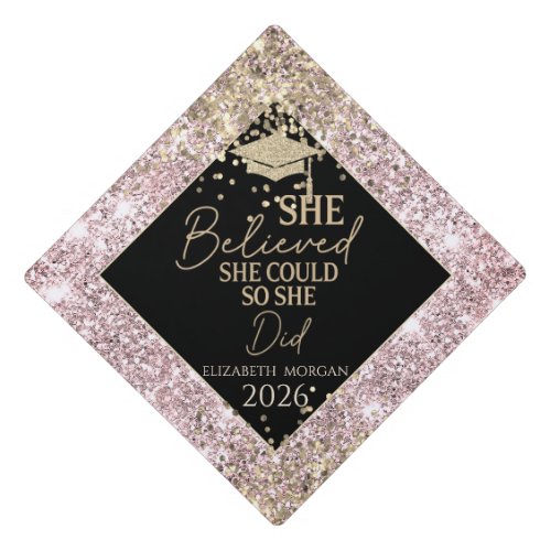 Gold Grad Cap Rose Gold Sequins She Believed