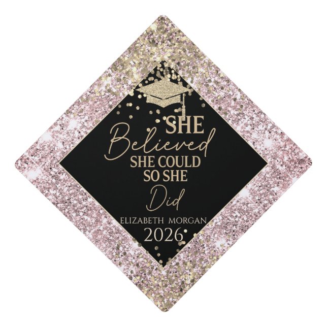 Gold Grad Cap Rose Gold Sequins She Believed (Front)