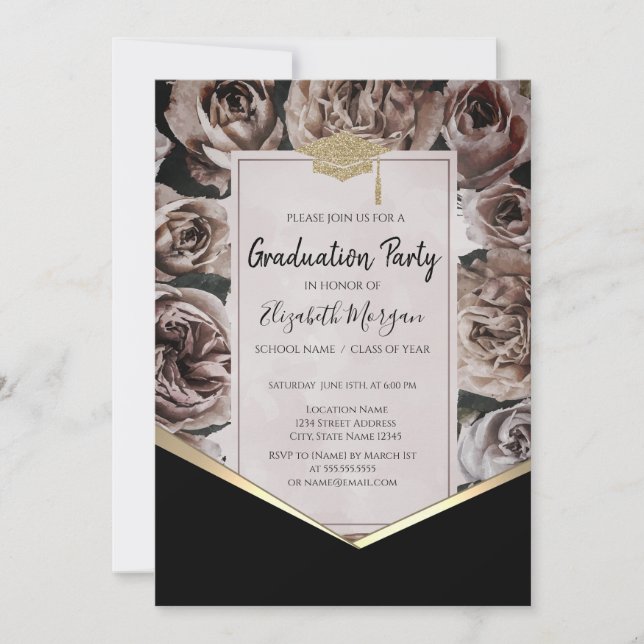  Gold Grad Cap,Roses Graduation  Invitation (Front)
