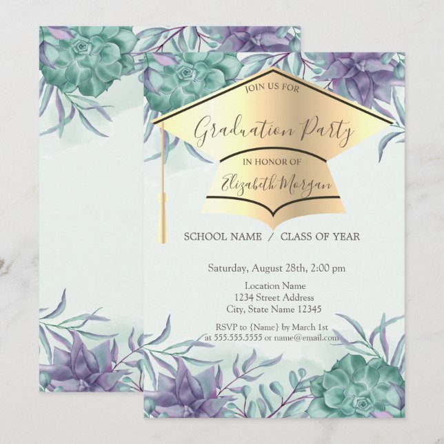 Gold Grad Cap,Succulents Graduation  Invitation (Front/Back)