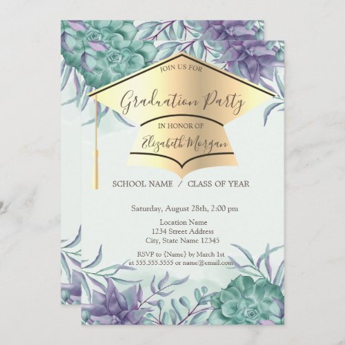 Gold Grad CapSucculents Graduation  Invitation