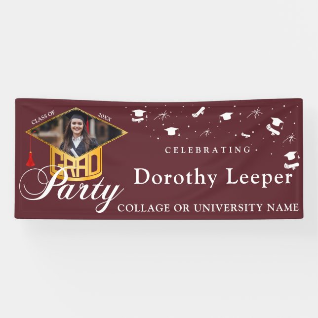 Gold Grad Cap typography & Tassel Photo Graduation Banner (Horizontal)