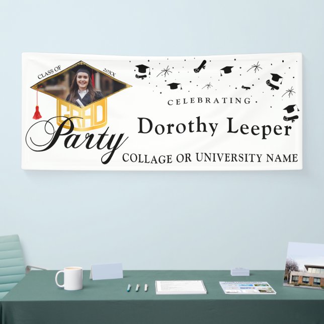 Gold Grad Cap typography & Tassel Photo Graduation Banner (Tradeshow)
