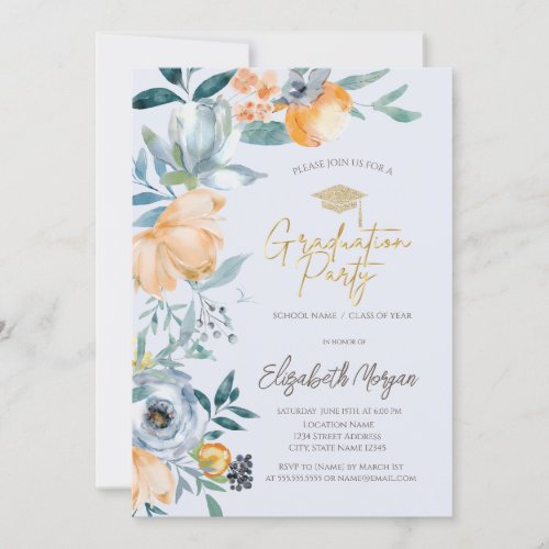 Gold Grad Cap Watercolor Floral Graduation Party Invitation