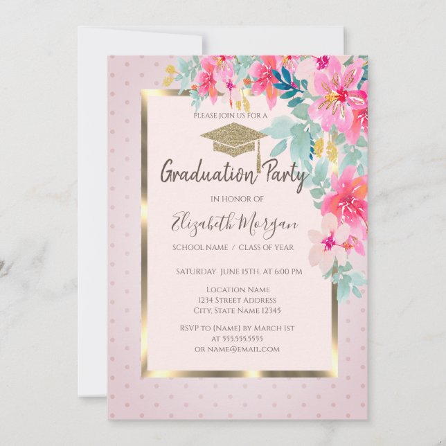 Gold Grad Cap Watercolor Flowers Dots Graduation Invitation (Front)