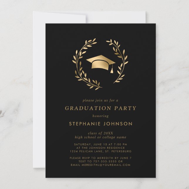 Gold Grad Cap Wreath Chic Black Graduation Party Invitation (Front)