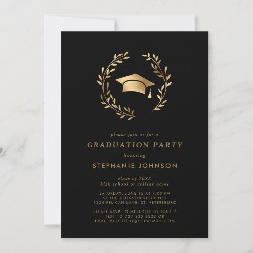 Gold Grad Cap Wreath Chic Black Graduation Party Invitation