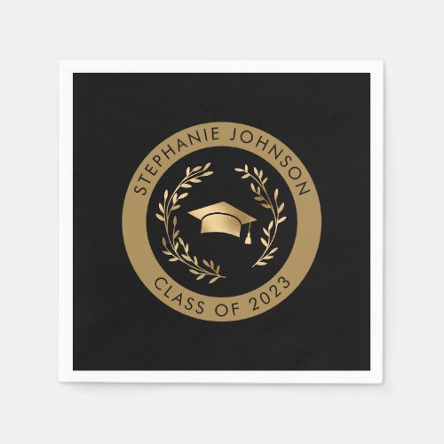 Gold Grad Cap Wreath Class of 2023 Black Party Napkins